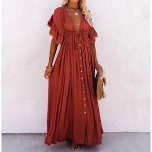 Boho Rust Maxi Dress Deep V Ruffle Sleeve Button Front Flowy Summer NWT
